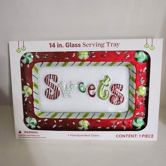 Christmas Sweets Hand Painted Glass Serving Tray 14 inch. By 8 1/2" New - Picture 1 of 10